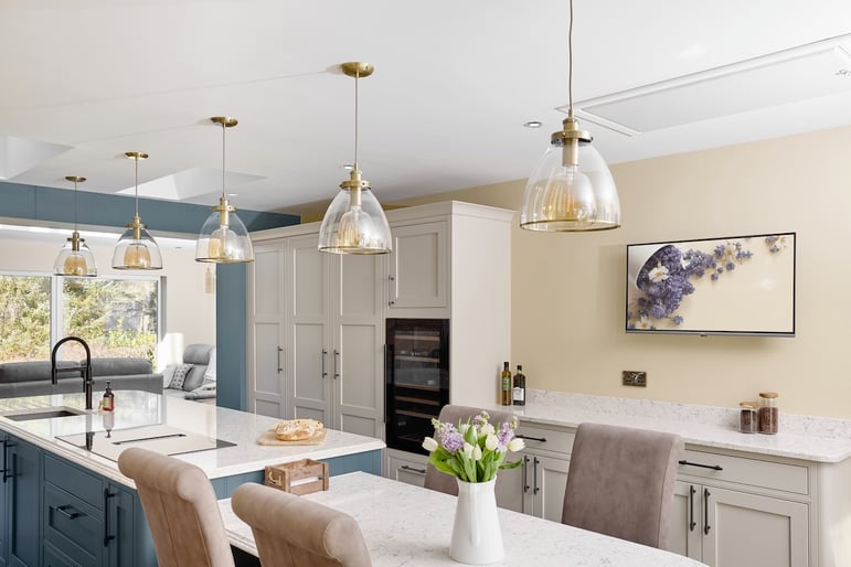 Storm Blue and Cashmere in-frame bespoke kitchen island Aberdeenshire